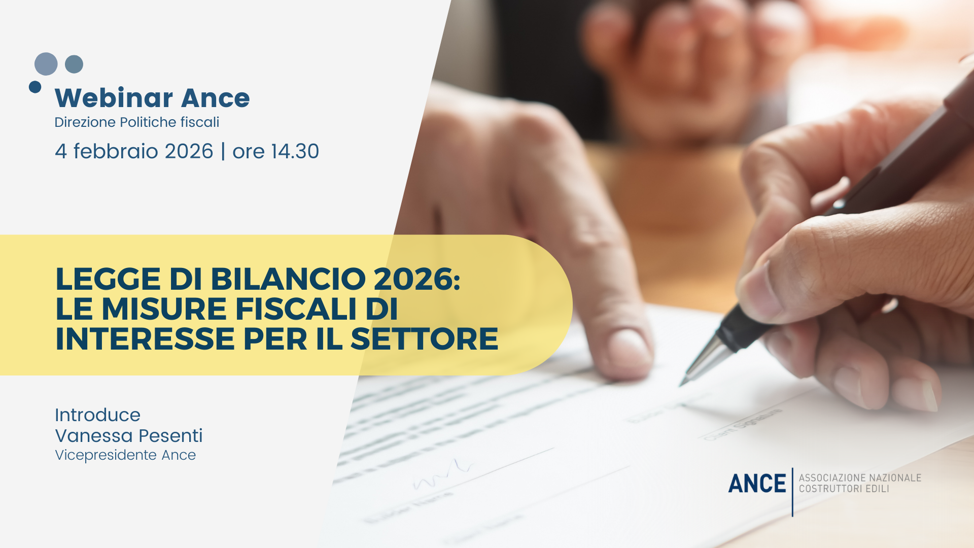 Webinar: “Legge di Bilancio 2026: le misure fiscali d’interesse per il settore